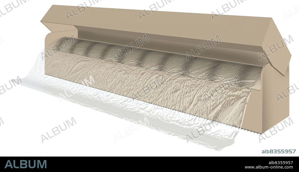Transparent adhesive sheet of plastic used to wrap food or cover containers.