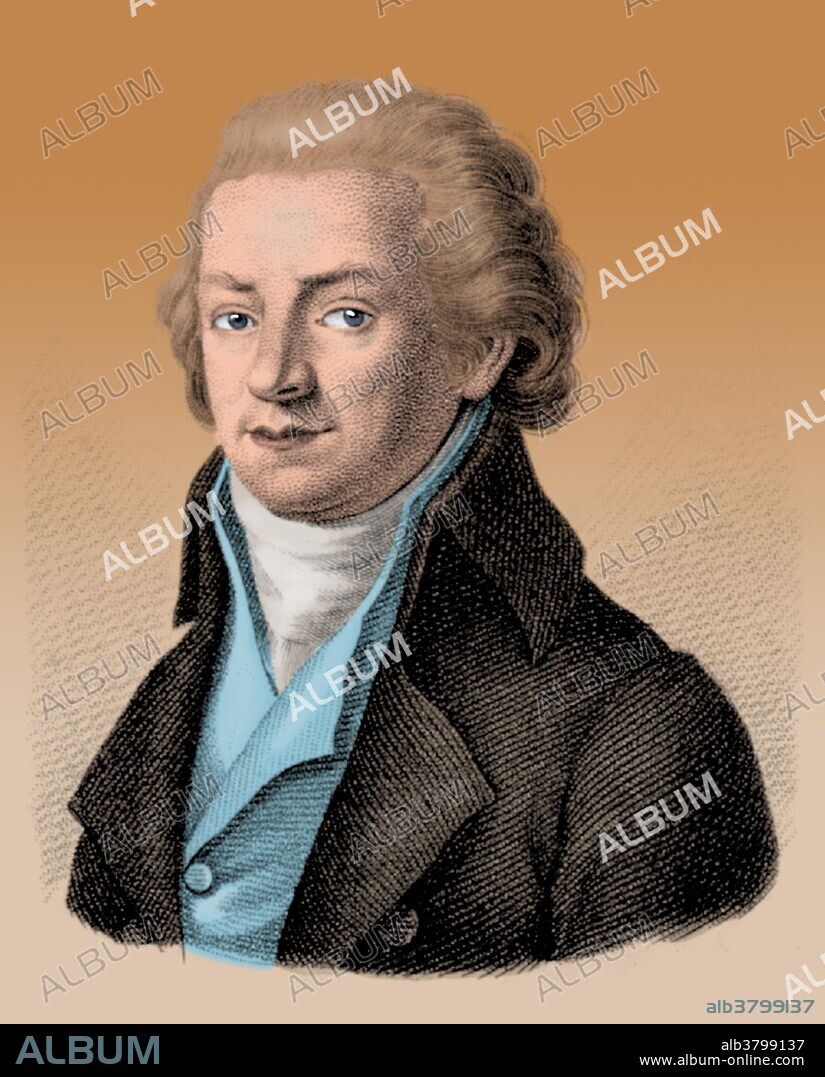 Samuel Thomas von Sommerring (January 28, 1755 - March 2, 1830) was a German physician, anatomist, anthropologist, paleontologist and inventor. As one of his many important enterprises, he introduced the vaccination against smallpox. He published many writings in the fields of medicine, anatomy and neuroanatomy, anthropology, paleontology, astronomy and philosophy. He wrote about fossil crocodiles and in 1812 he described Ornithocephalus antiquus now known as Pterodactylus. His investigations on the brain and the nervous system, on the sensory organs, on the embryo and its malformations, and on the structure of the lungs made him one of the most important German anatomists. He discovered the macula in the retina of the human eye. He was also an inventor, having designed a telescope for astronomical observations and an electrical telegraph in 1809. He worked on the refinement of wines, sunspots and many diverse other things. In 1811 he developed the first telegraphic system in Bavaria. He died in 1830 at the age of 75. This image has been colorized.
