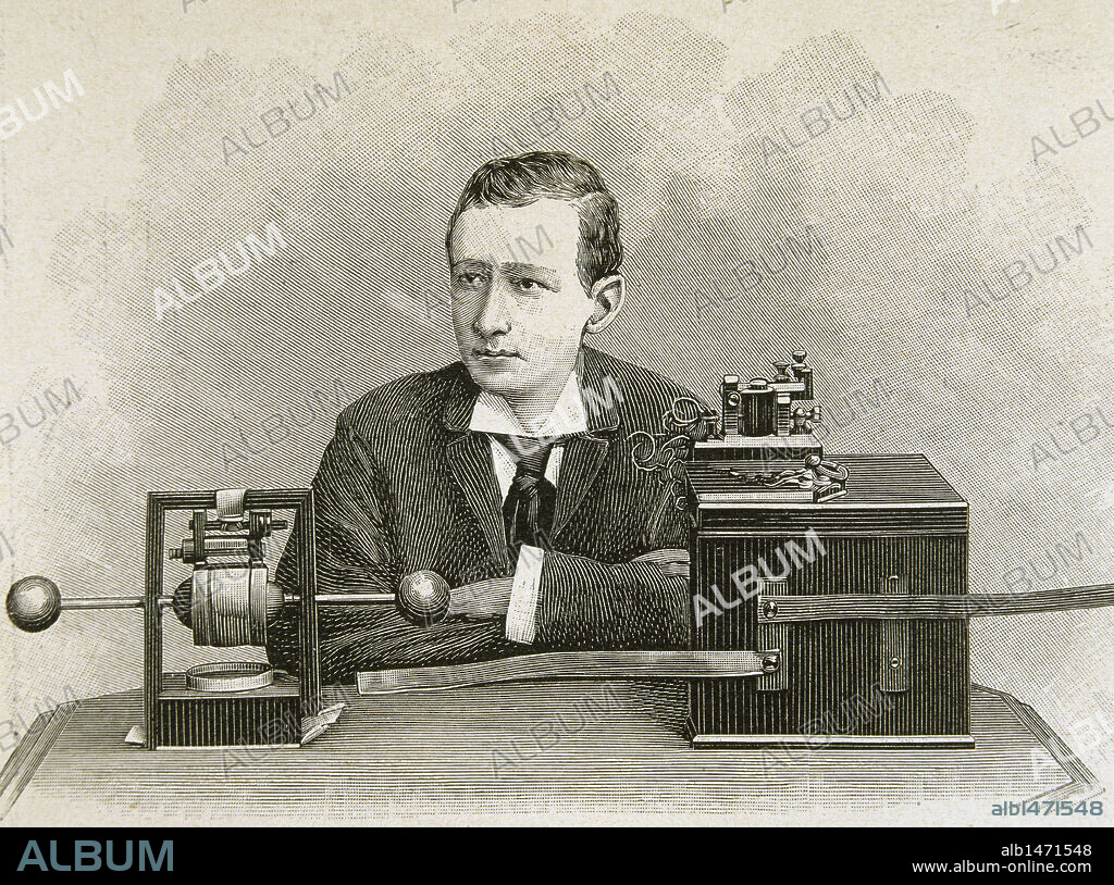 Guglielmo Marconi (1874-1937). Italian physicist. He managed the first radio transmission between France and Britain. Nobel Prize in Physics in 1909. Engraving at "L'Illustration", 1897.