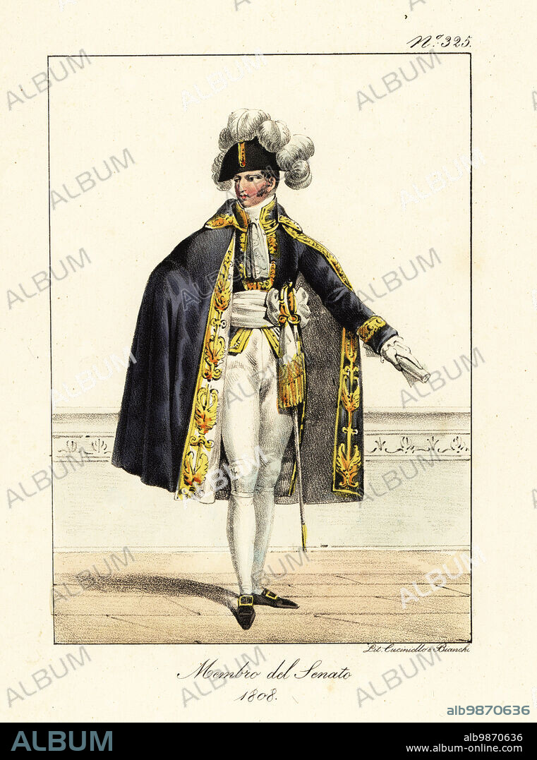 Ceremonial robes of a member of the Senate, Napoleonic era, First Empire, 1808. In bicorne with plumes, blue cape and coat embroidered in gold, white sash belt, white breeches, buckle shoes, court sword. Membre du Senat conservateur. Handcoloured lithograph by Lorenzo Bianchi and Domenico Cuciniello after Hippolyte Lecomte from Costumi civili e militari della monarchia francese dal 1200 al 1820, Naples, 1825. Italian edition of Lecomtes Civilian and military costumes of the French monarchy from 1200 to 1820.