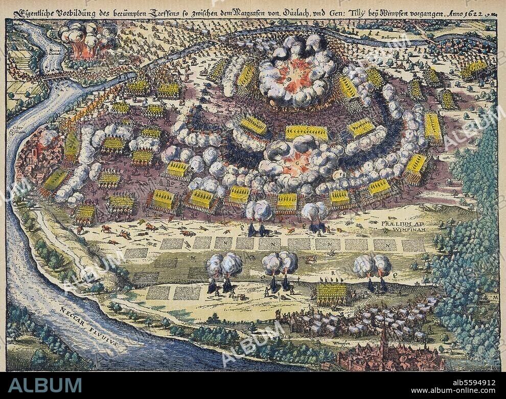 Thirty Year War 1618-48. Battle of Wimpfen, 6 May 1622. (The Imperial Armies led by Tilly defeat the forces of the Protestant Union led by the Margrave of Baden-Durlach). - "Troops positioning for the famous battle"- contemp. copper engr. by Matth{us Merian the Eld. (1593-1650) from Theatrum Europaeum.