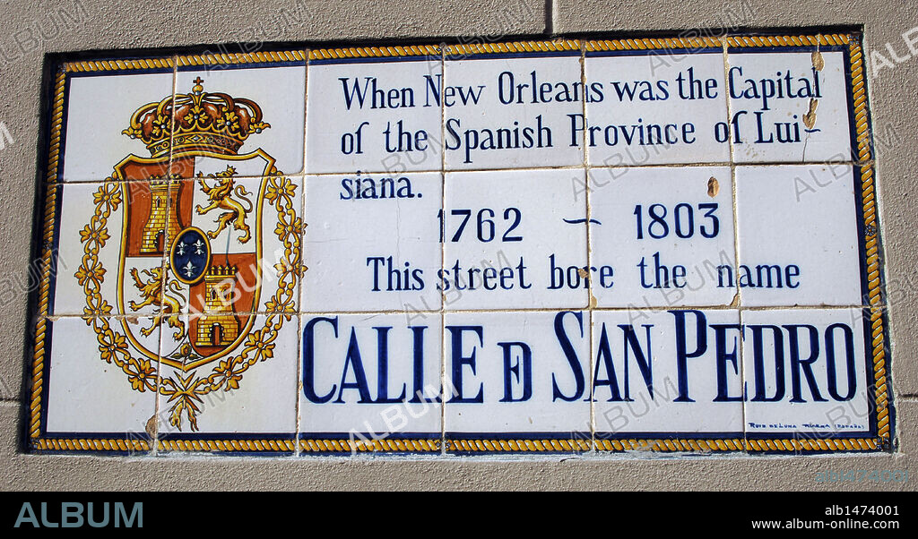 New Orleans. French Quarter. When New Orleans was Capital of the Spanish Province of Luisiana 1762-1803. Spanish Street Name Tile Murals. "San Pedro Street". State of Louisiana. USA.