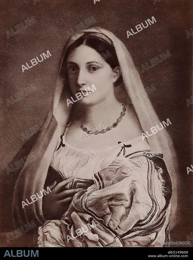 Giacomo Brogi, Edizioni Brogi, Firenze - Galleria Pitti: Ritratto di donna detta la Velata, Raffaello Sanzio, collodion paper, black and white positive process, sheet size: height: 24.00 cm; width: 18.50 cm, Bildnr. 2829, title, stamp engraving: on the cardboard: Giacomo Brogi, Fotografo Editore, Firenze, 15 Lung'Arno delle Grazie, 1st Via Tornabuoni, painting.