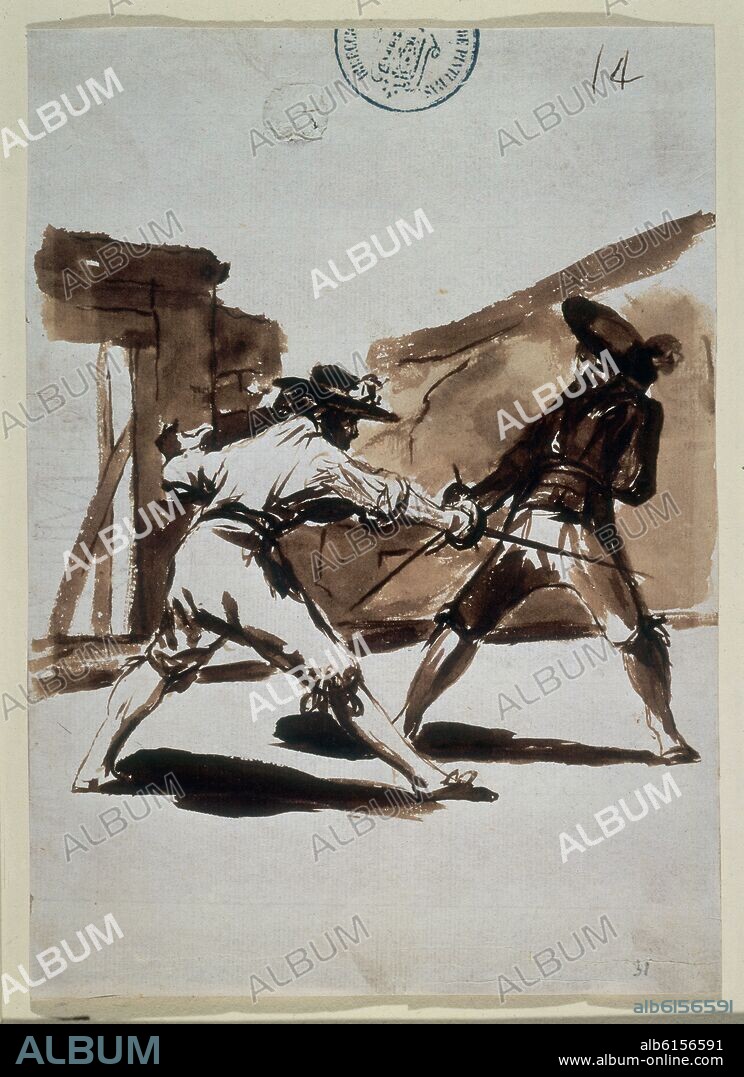 FRANCISCO DE GOYA. DESAFIO CABALLEROS CON ESPADA - ALBUM F, 14 - DIBUJO SIGLO XIX.