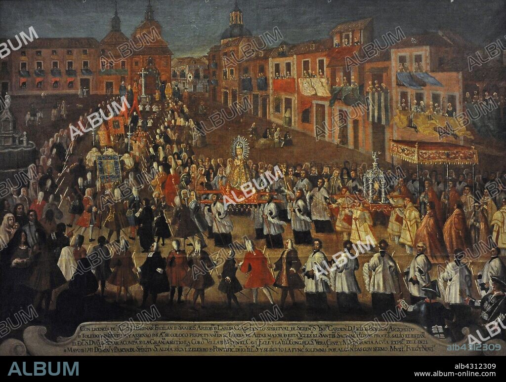 Procesión de la Virgen de Gracia en la Plaza de la Cebada, hacia 1741, obra de Manuel de Chozas. Museo de Historia. Madrid. España.