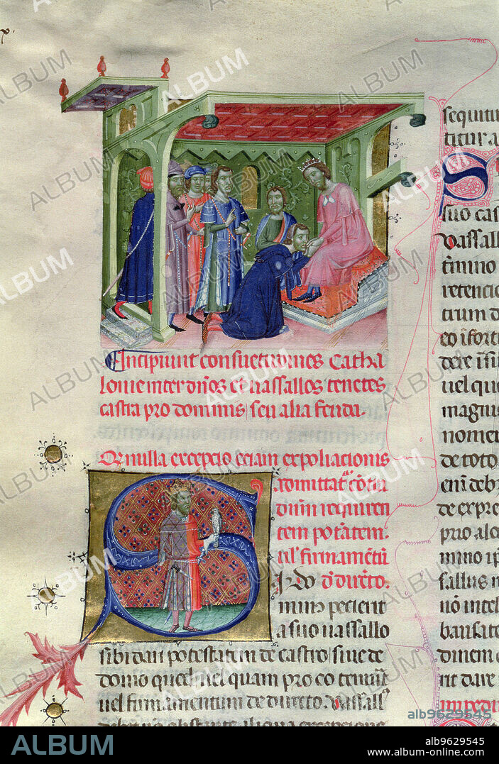Tribute from the citizens of Barcelona to Count King or 'oath of vasallage' miniature in the 'Llibre Verd' (Green Book), codex containing a compilation of the customs or habits and privileges of the city of Barcelona, ??started in 1345, illuminated manuscript by Arnau de Pena and Mateo Calderó miniaturists.