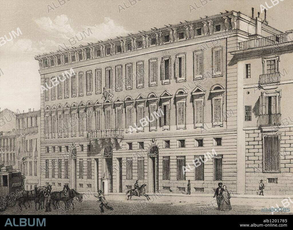 Real Casa de la Aduana, actualmente Ministerio de Hacienda, su construcción fue encargada por el Rey Carlos III en 1769. Grabado de 1870.