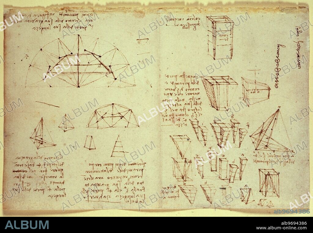 Notes and drawings by Leonardo da Vinci, early 16th century. Pages from the Notebook of Leonardo da Vinci (1452-1519), showing diagrams of geometrical shapes.