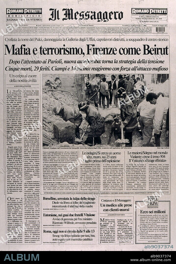 Front page of the Italian newspaper 'Il Messaggero', dated 28 May 1993. The headline reads "Mafia and terrorism: Florence is like Beirut".