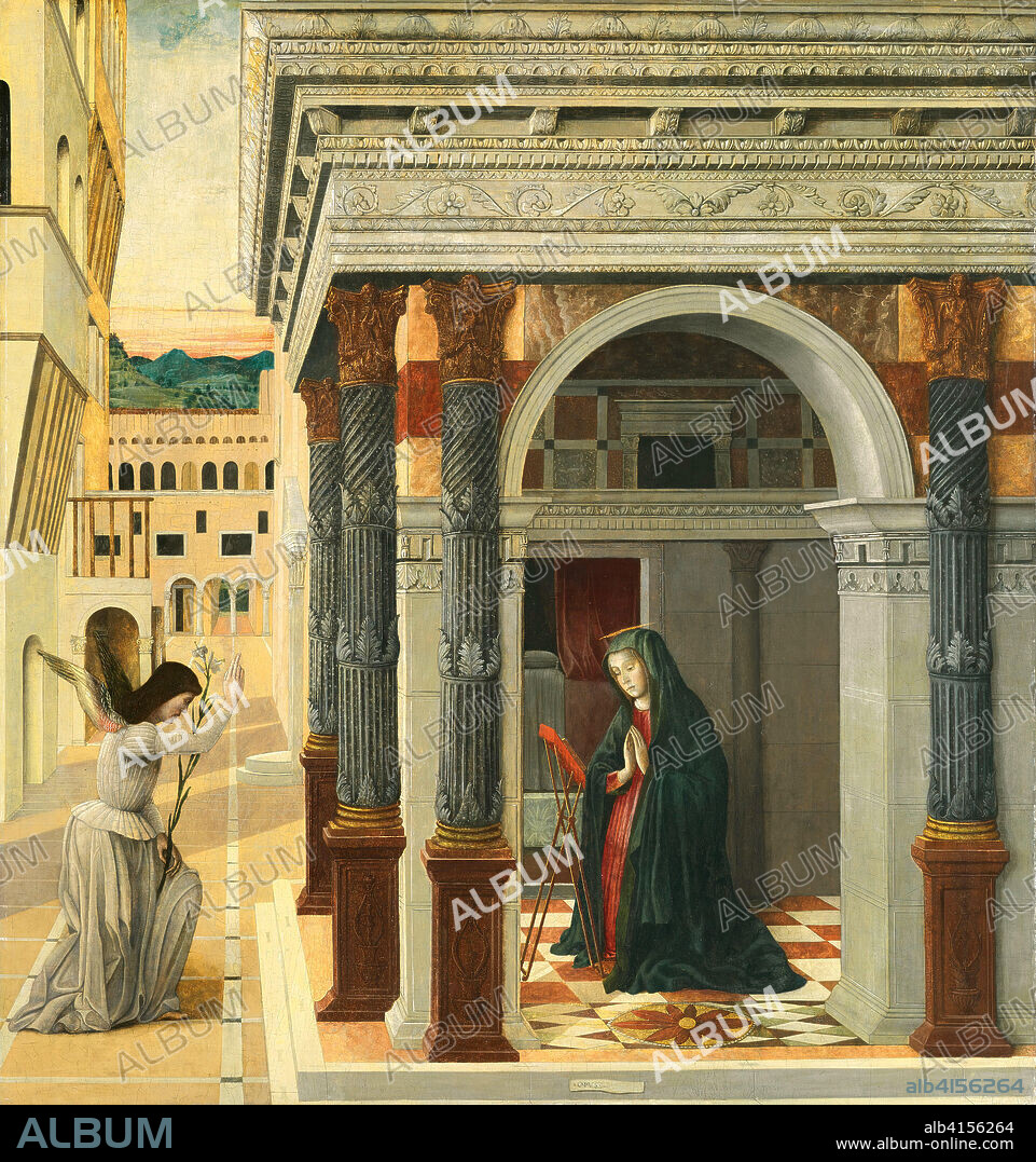 Gentile Bellini (Venecia (?), 1429 -Venecia, 1507). La Anunciación (hacia 1475). Técnica mixta sobre tabla. 133 x 124 cm.