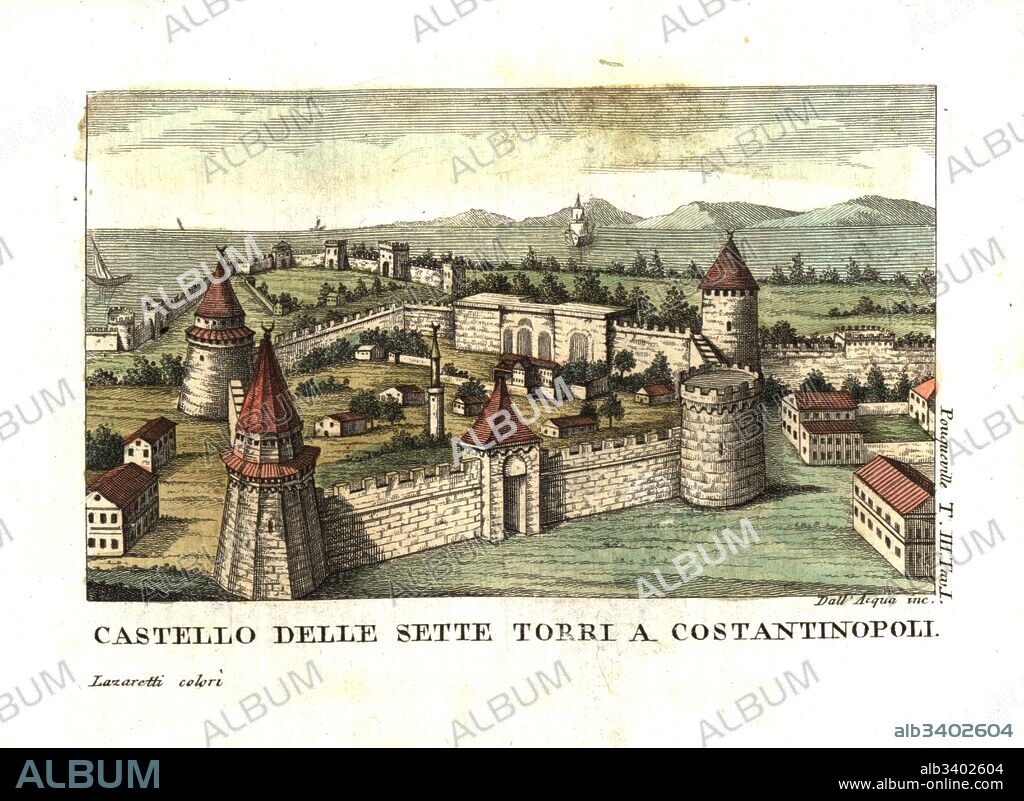 Castle of the Seven Towers (Yedikule Fortress), Constantinople (Istanbul), Turkey. Illustration from Francois Pouqueville’s Travels through More, Albania and several other parts of the Ottoman Empire, 1805. Copperplate engraving by Dell'Acqua handcoloured by Lazaretti from Giovanni Battista Sonzogno’s Collection of the Most Interesting Voyages (Raccolta de Viaggi Piu Interessanti), Milan, 1815-1817.
