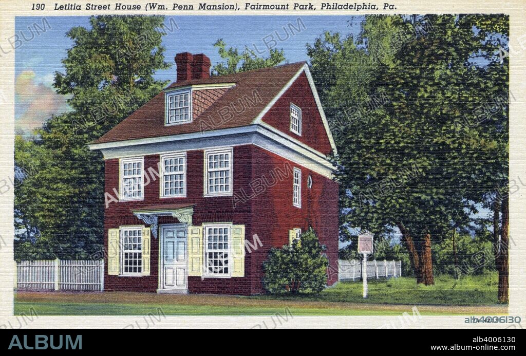 Letitia Street House (William Penn Mansion), Fairmount Park, Philadelphia, Pennsylvania, USA, 1937. Vintage linen postcard showing the exterior of the house, a small, red brick, two storey building standing on a wooded lot. It was built in c1715 for Thomas Chalkley, a merchant and Quaker preacher, on land once owned by William Penn's daughter, Letitia.