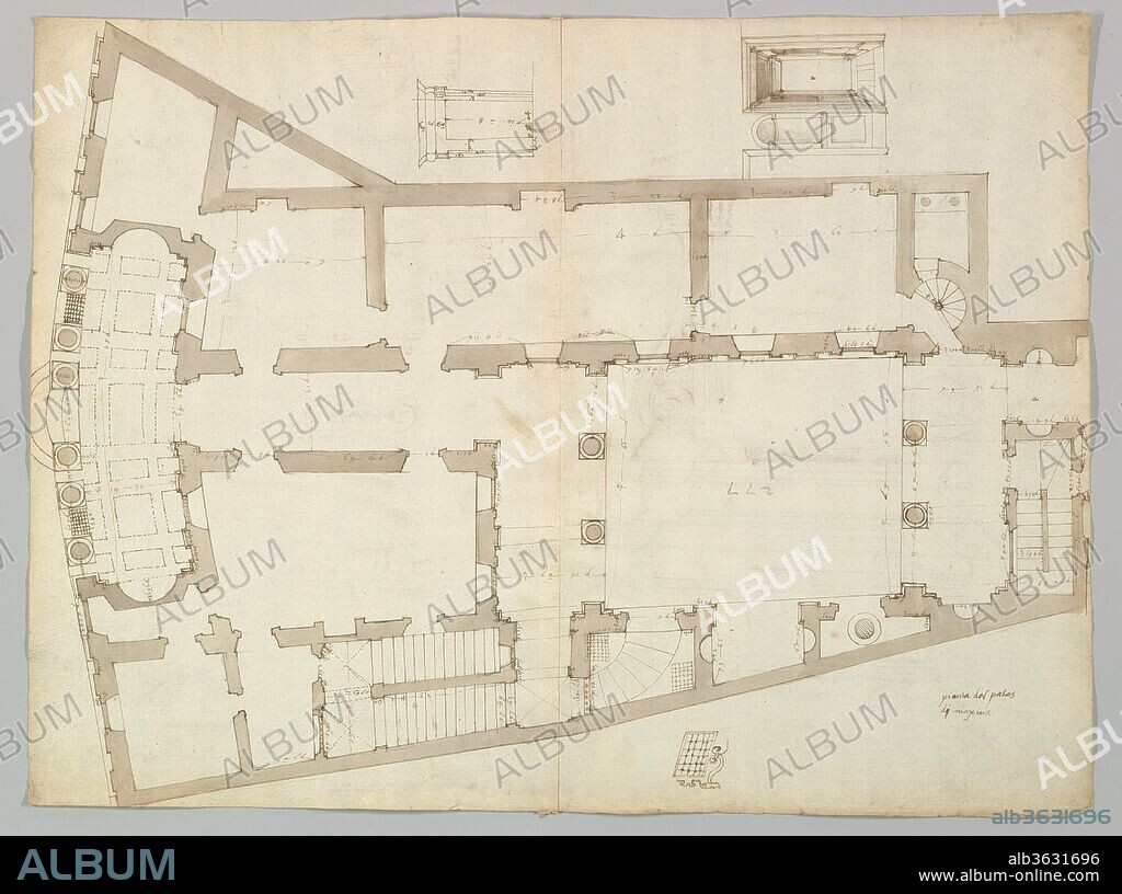 Palazzo Massimo alle Colonne , plan (recto) Palazzo Massimo alle Colonne, façade, details and fireplace (verso). Dimensions: sheet: 16 1/8 x 11 1/4 in. (41 x 28.5 cm). Draftsman: Drawn by Anonymous, French, 16th century. Date: early to mid-16th century.