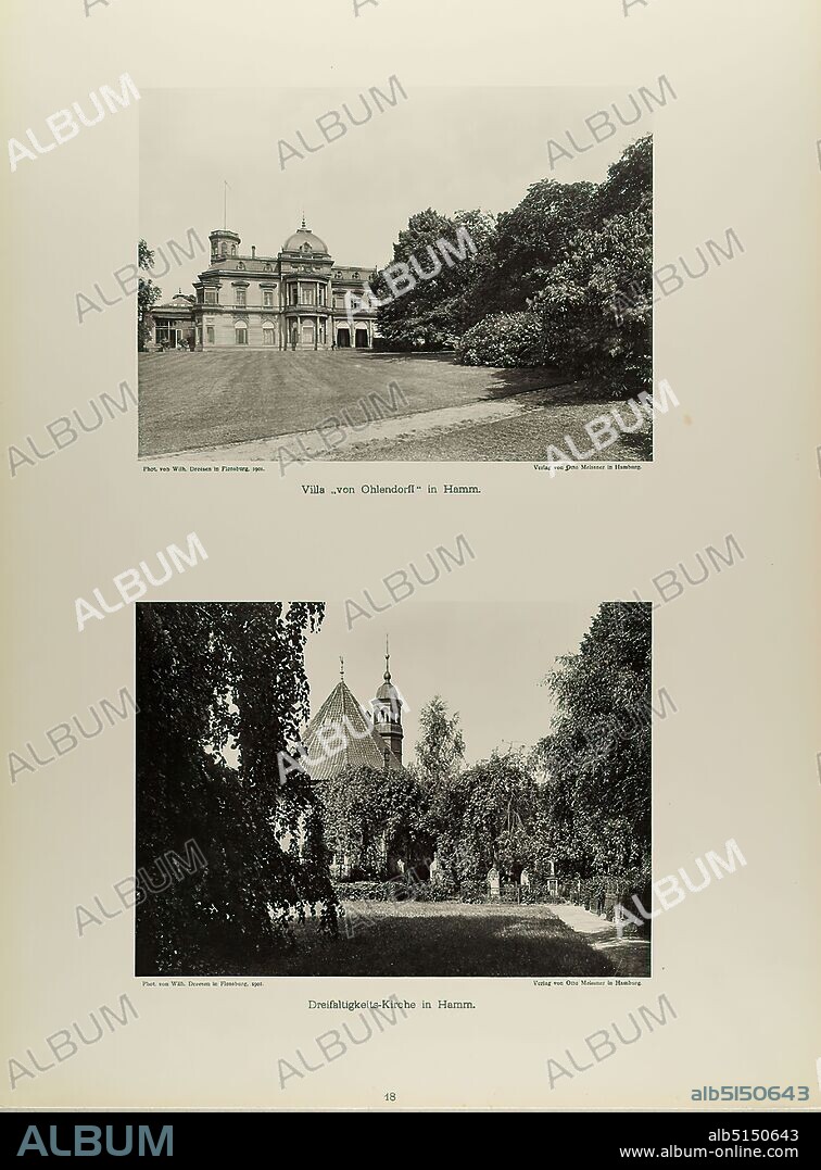 Wilhelm Dreesen, Otto Meissner, Villa 'von Ohlendorff' in Hamm and Dreifaltigkeitskirche in Hamm from the portfolio Neue malerische Bilder aus der Freien und Hansestadt Hamburg und ihrer Umgebung, Staatliche Landesbildstelle Hamburg, Collection on the history of photography, paper, collotype, Total: Height: 48,00 cm; Width: 35,00 cm, inscribed: recto u. Photographer, Publisher and title, travel photography, architectural photography, country house, villa, cottage, exterior of a church, gardens and parks.