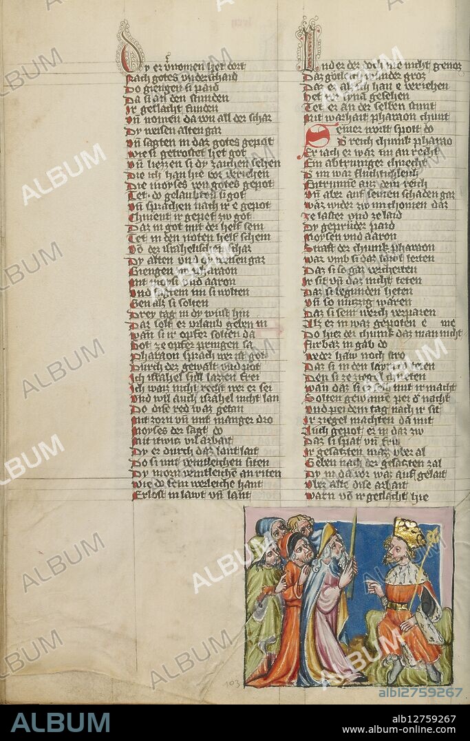 Moses and the Elders before Pharaoh; Weltchronik, about 1400-1410.