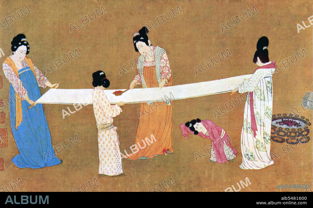 Zhang Xuan (713-755) was a Chinese painter who lived during the Tang Dynasty (618-907). One of his best known works is 'Court Ladies Preparing Newly-Woven Silk'. A single copy survives, painted by Emperor Huizong of Song (r. 1100-1125) in the early 12th century.