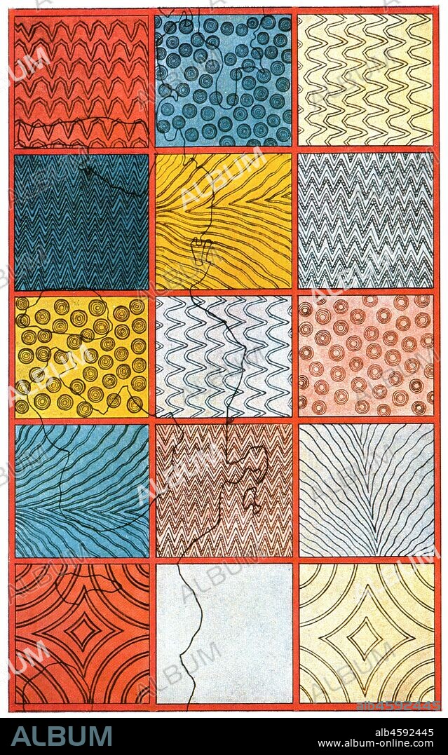 Painted floor in the palace at Mycenae, Greece, (1928). '14th or 13th Century B.C...After a reconstruction in water-colours by Miss W. Lamb', the first woman archaeologist involved in the British Anatolian excavations. Plate XVIII, fig 52, from "An Encyclopaedia of Colour Decoration from the Earliest Times to the Middle of the XIXth Century" with explanatory text by Helmuth Bossert. [Ernst Wasmuth Ltd., Berlin, 1928].