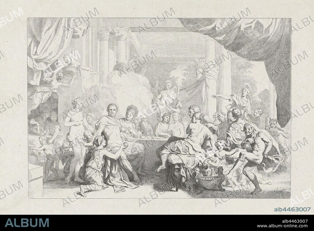 Wedding of Peleus and Thetis, At the wedding of Peleus and Thetis, most of the guests sit at the large table and others frolic around a bit. While Momus is dancing, Mercury Jupiter, who is sitting next to Juno, offers an apple. In the background you can see a cloud with the two peacocks of Juno, (story of) Mercury (Hermes), wedding feast, wedding meal, attributes of Juno, Johann Wilhelm Kaiser (I), 1823 - 1900, paper, etching, h 186 mm × w 265 mm.