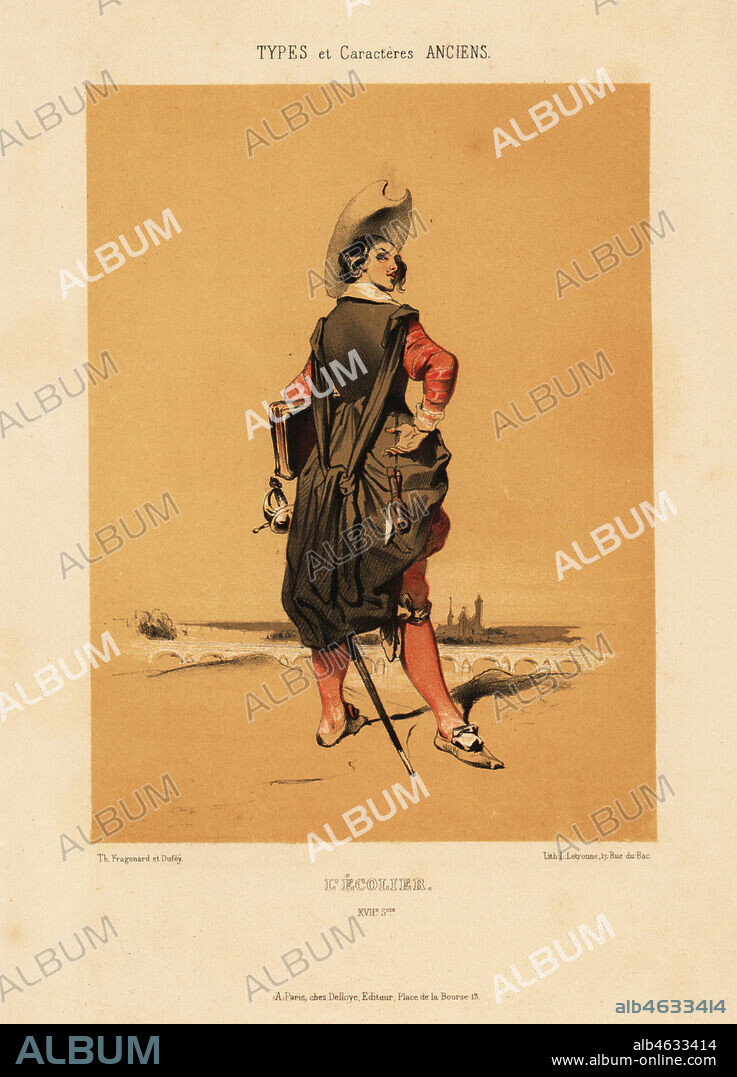 Student with book, sword, and knife hanging from his belt, in doublet, cape, hose and shoes, 17th century. Lecolier. Chromolithograph by Louis Rene Letronne after an illustration by Th. Fragonard et Dufey from Le Keepsake Francais with 12 plates from A. Mazuys Types et Caracteres Anciens, dapres des Documents Peints ou Ecrits, chez Delloye, Paris, 1841.