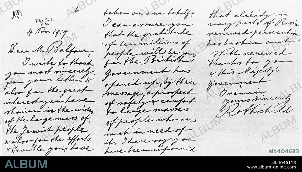 Lord Rothschild's reply to Balfour, following his receipt of the Balfour Declaration, 1917.