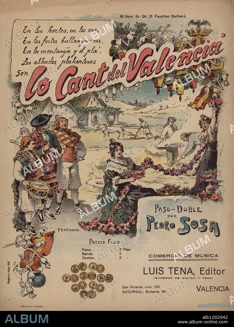 Partitura musical. Pasodoble "Lo Cant del Valencià" compuesto por el Maestro Pedro Sosa. Ilustrada por E. Pastor. Años 1910.