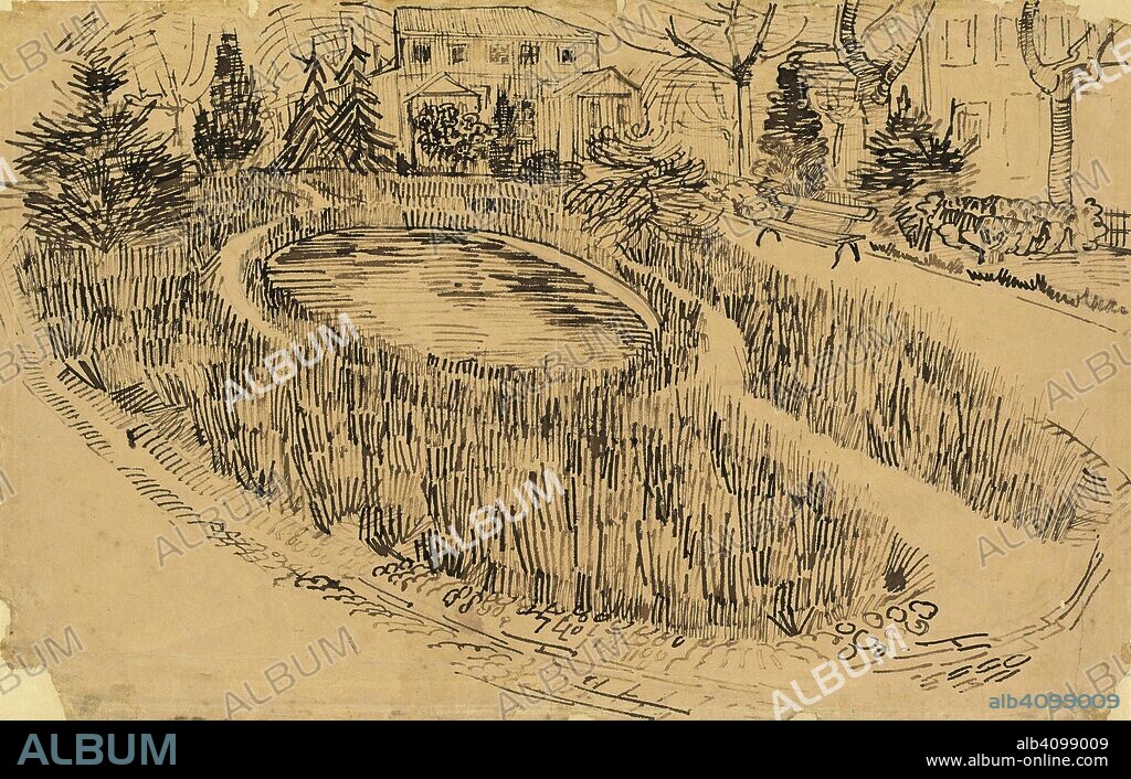 VINCENT VAN GOGH. The Park and Pond in Front of the Yellow House. Date: April 1888, Arles. Dimensions: 32.0 cm x 50.1 cm.