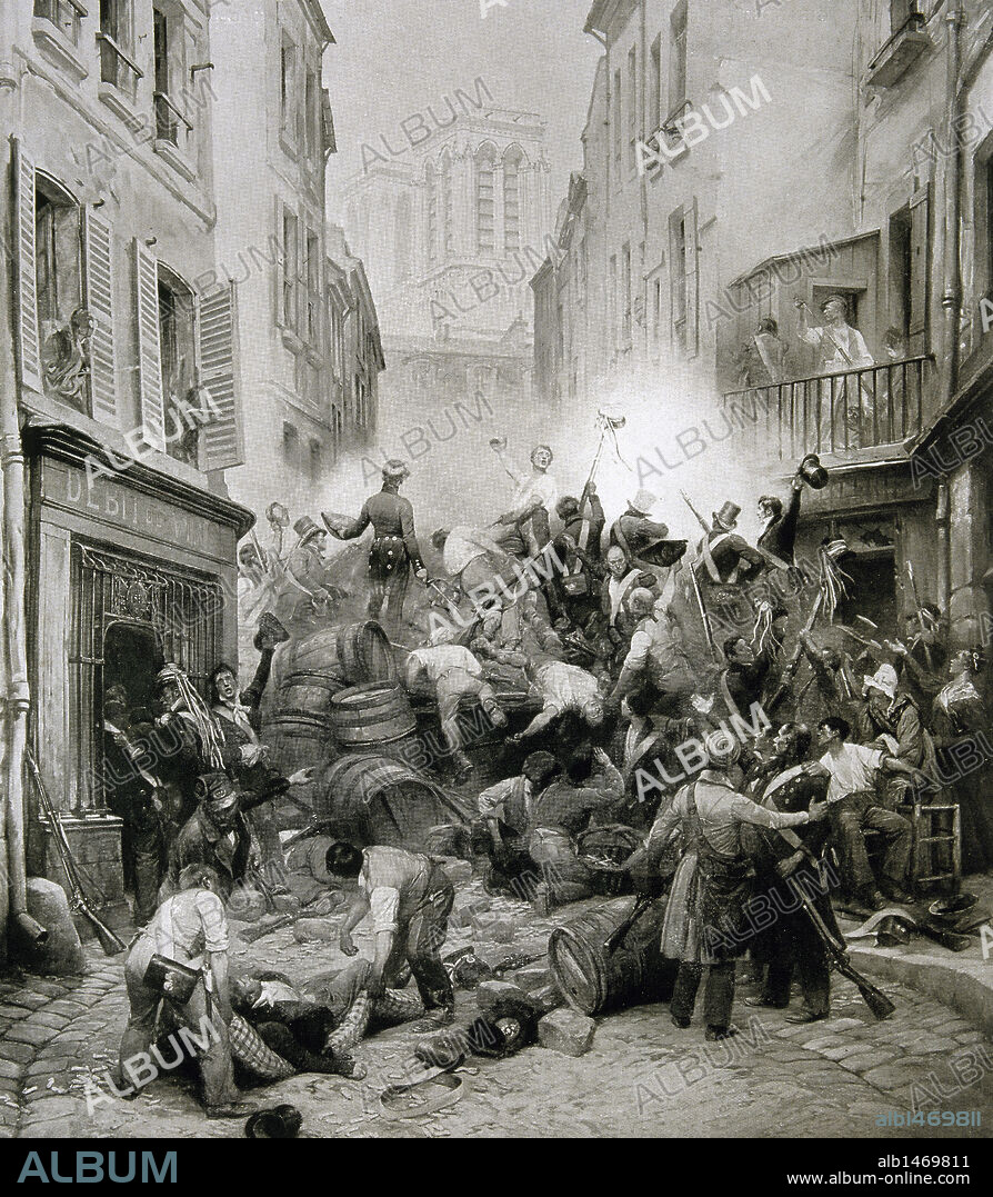 REVOLUCION LIBERAL DE 1830. FRANCIA. El 27 de julio se inician las "Tres jornadas gloriosas" en las que se atrincheraron obreros y estudiantes, obligando a la abdicación de CARLOS X y al ascenso al trono de Luis Felipe. "29 DE JULIO DE 1830. CALLE DEL PETIT-PONT. LA BANDERA TRICOLOR ONDEA EN NOTRE DAME ANUNCIANDO EL FIN DE LA LUCHA CON EL TRIUNFO DE LOS LIBERALES". Grabado.