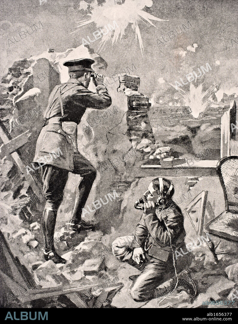 Forward Officer observes effect of creeping artillery barrage His telephonist relays information to Battery Commander giving orders for range aim and time fuse adjustment From The War Illustrated Album deLuxe published London 1916.