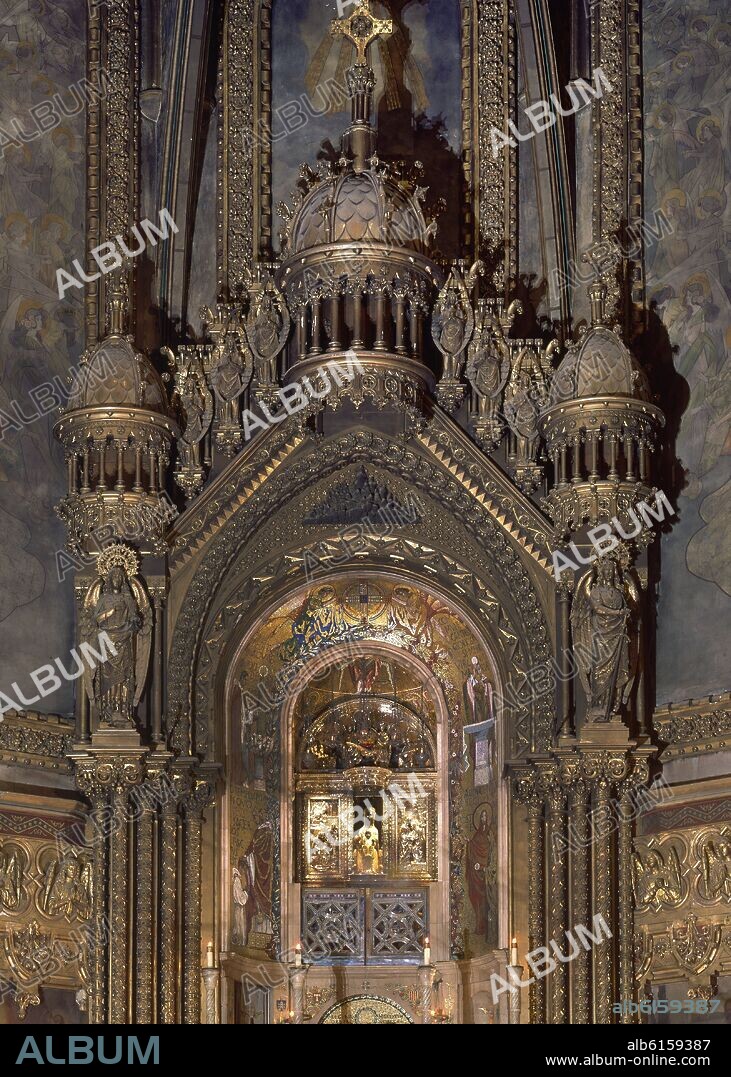 FRANCISCO DE PAULA VILLAR (1860-1927). ALTAR MAYOR DE AL BASILICA DE MONTSERRAT CON LA FORNICULA- TEMPLETE QUE COBIJA EL TRONO DE PLATA DE LA VIRGEN DE MONTSERRAT EN ESTILO.