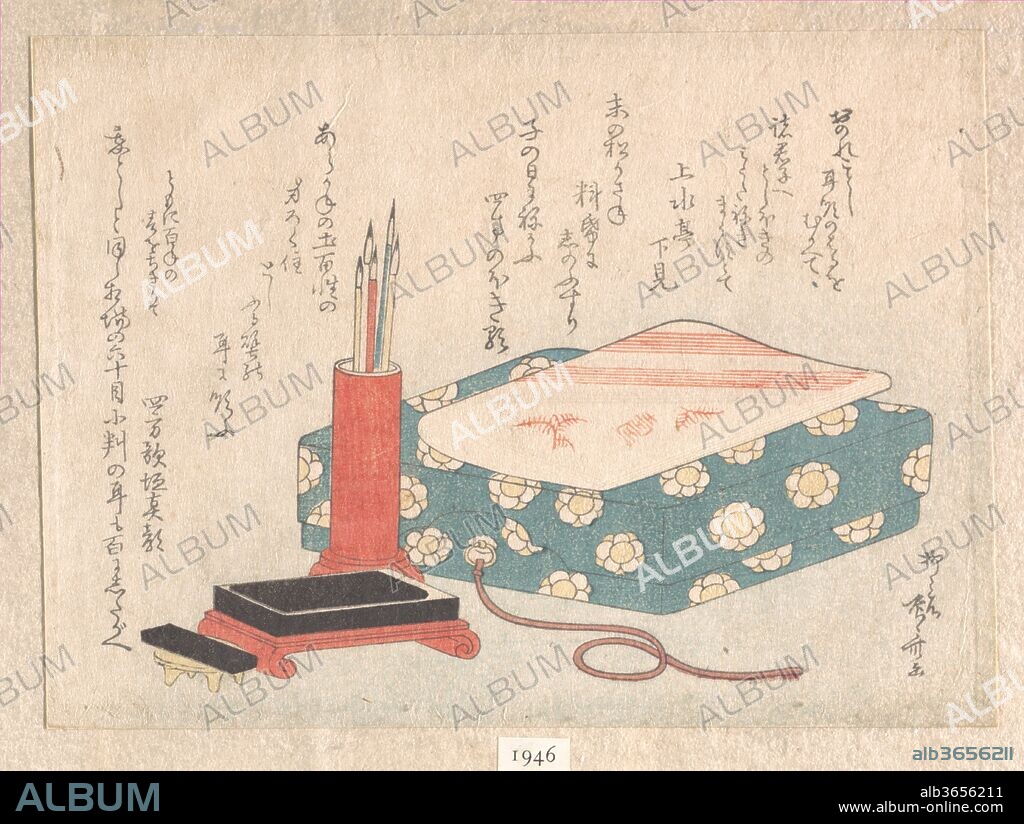 Writing Set and Poem Card Box (Shikishi-bako), from Spring Rain Surimono Album (Harusame surimono-jo), vol. 1. Artist: Ryuryukyo Shinsai (Japanese, active ca. 1799-1823). Culture: Japan. Dimensions: 4 15/16 x 6 13/16 in. (12.5 x 17.3 cm). Date: ca. 1805-10.
Surimono are privately published woodblock prints, usually commissioned by poets or poetry groups as a form of New Year's greeting card. The poems, most commonly kyoka (witty thirty-one syllable verse), inscribed on the prints usually include felicitous imagery connected with spring, which in the lunar calendar begins on the first day of the first month. Themes of surimono are often erudite, frequently alluding to Japanese literary classics in both texts and images.
This album belongs to a set of three compiled by Hayashi Tadamasa, the great Parisian dealer of Japanese art. Hayashi arranged the more than four hundred prints in the set on facing leaves according to themes, or in a way that created an attractive arrangement of designs, complementary in both color and shape. The pigments, printing techniques, and paper used for surimono often were of the highest quality, and represent the epitome of late Edo-period woodblock printing.