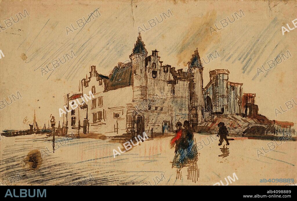 VINCENT VAN GOGH. View of Het Steen. Date: December 1885, Antwerp. Dimensions: 13.1 cm x 21.1 cm.