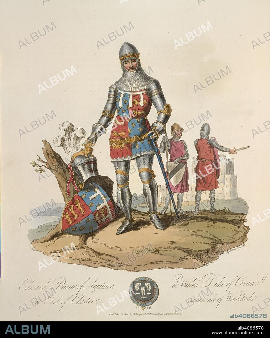 Edward the Black Prince. The Costume of the original inhabitants of the Bri. R. Havell: London, 1815. Edward the Black Prince (1330-76). English heir to the throne.  Image taken from The Costume of the original inhabitants of the British Islands from the earliest periods to the sixth century, to which is added that of theGothic nations on the Western Coasts of the Baltic, the ancestors of the Anglo-saxons and Anglo-Danes..  Originally published/produced in R. Havell: London, 1815. . Source: 141.h.13.(2),. Language: English.