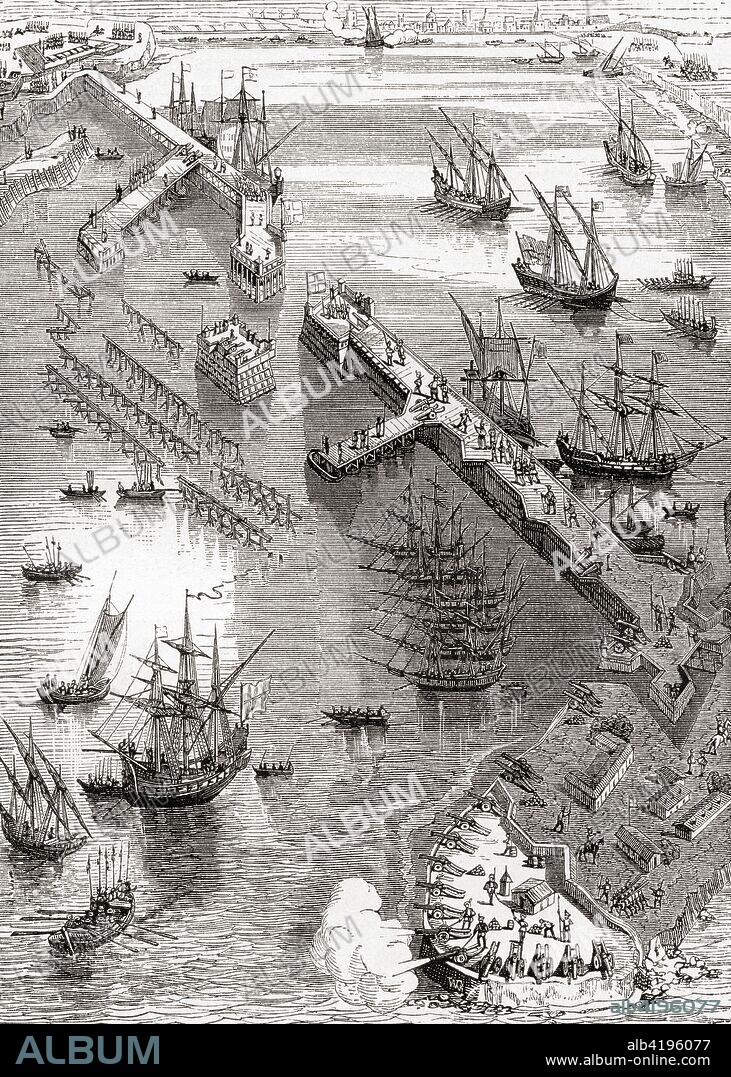 The Siege of La Rochelle,  a result of a war between the French royal forces of Louis XIII of France and the Huguenots of La Rochelle in 1627-28.  From Ward and Lock's Illustrated History of the World, published c.1882.