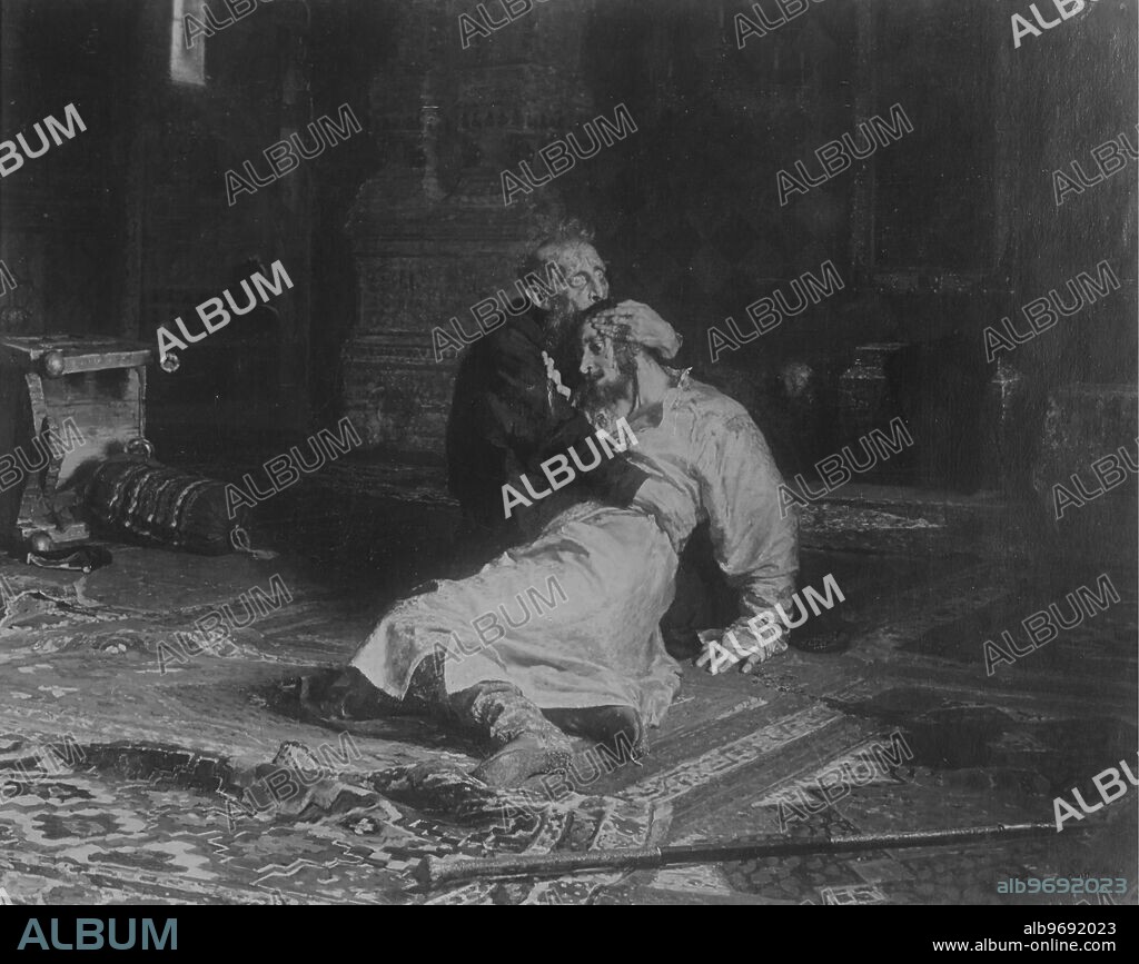 "Ivan The Terrible and his son Ivan". State Tretyakov Gallery, by Soviet Painter and graphic artist Ilya Efimovich Repin (1844-1930). The subject of the painting is an episode in the life of Tsar Ivan IV, The Grand Prince of Russia, when, in a fit of anger, he beat to death his son and heir (tsarevich) Ivan. 1885. Supplied By: SCRSS - Society for Co-operation in Russian & Soviet Studies.