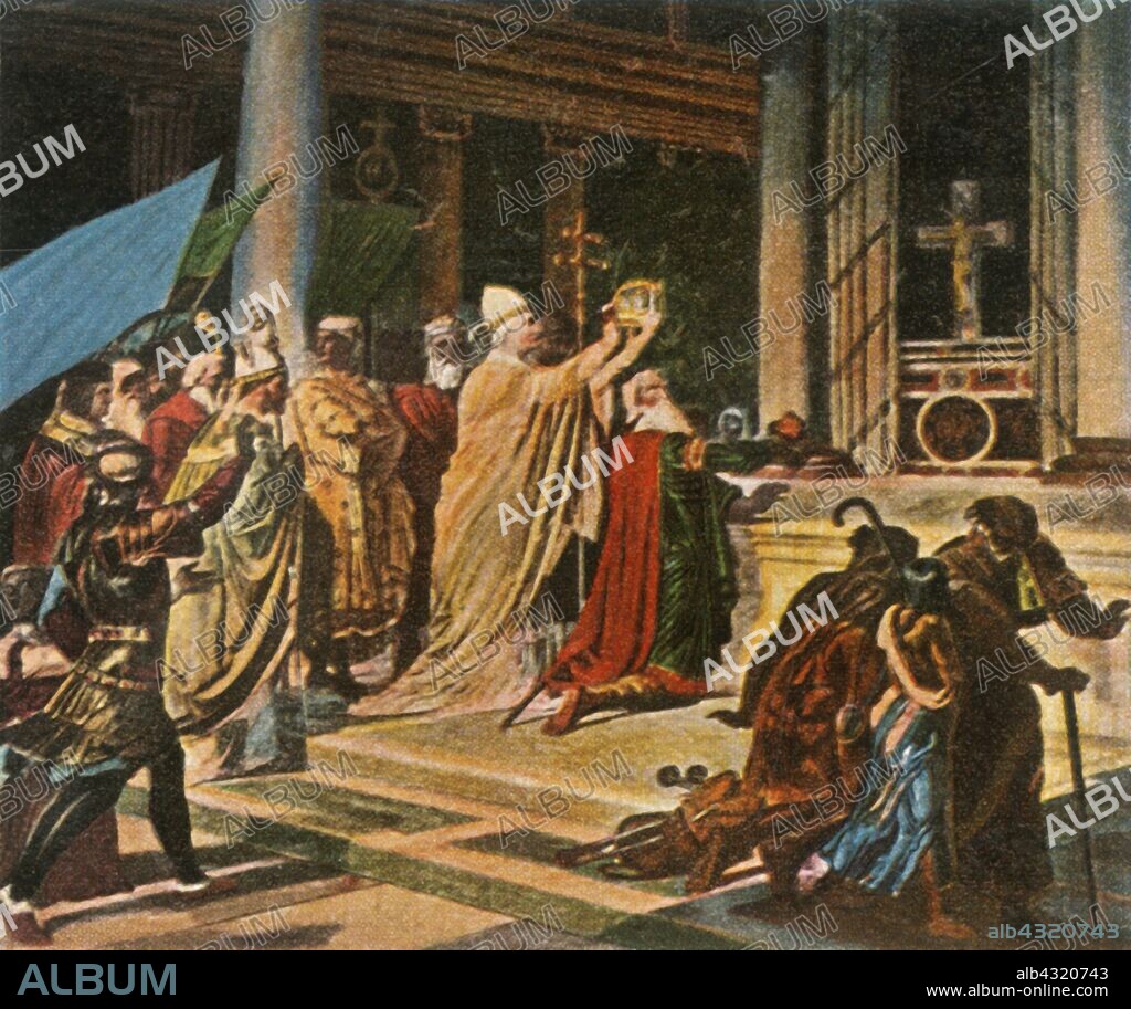 Coronation of Charlemagne in Rome, Christmas Day, 800 AD, (1936). 'Krönung Karls Des Grossen in Rom, 25 Dezember 800'. Charlemagne, King of the Franks (742-814 AD), was crowned Holy Roman Emperor by Pope Leo III in Old St Peter's Basilica, Rome, Italy. From "Bilder Deutscher Geschichte", (Pictures of German History), No.12, cigarette card album. [Cigaretten-Bilderdienst, Altona-Bahrenfeld, Hamburg, Germany, 1936].