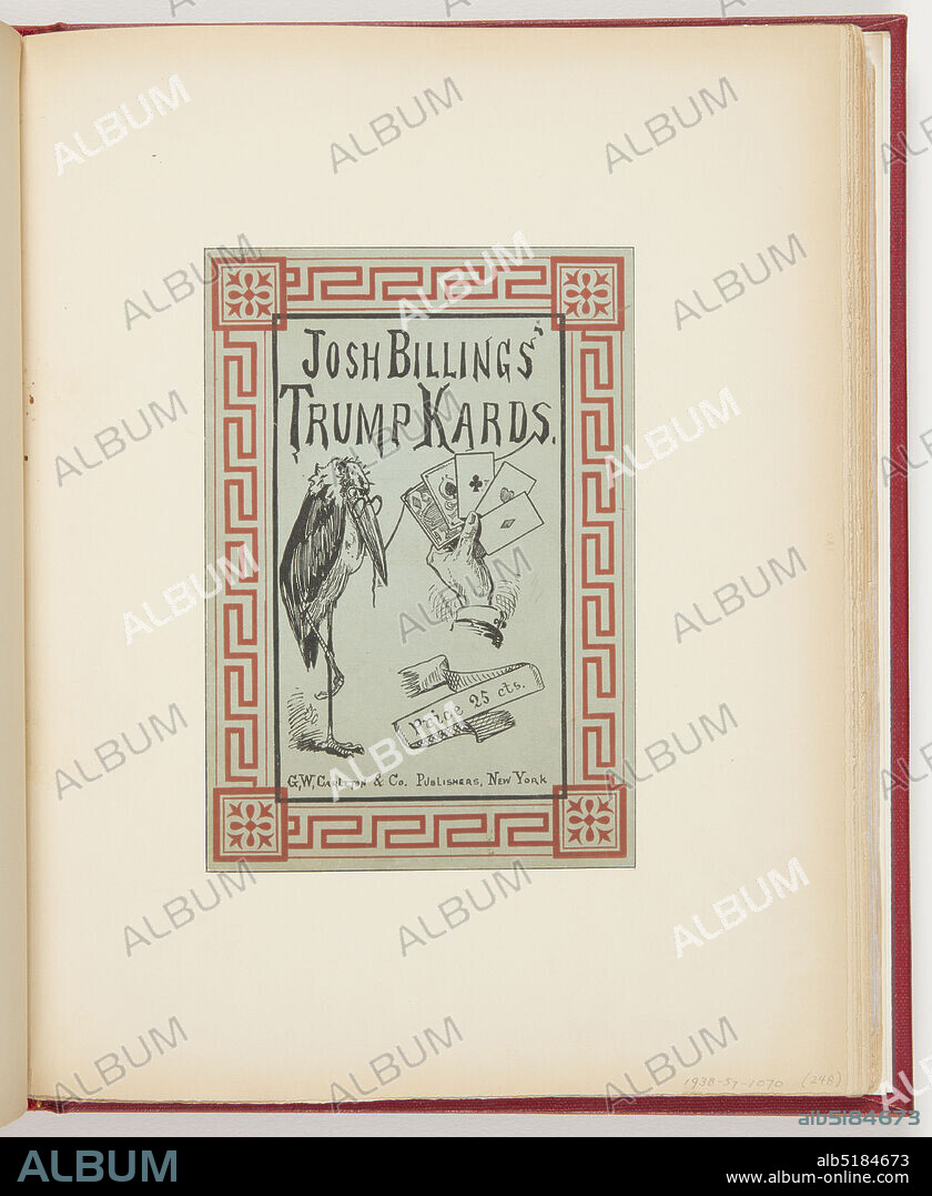 Cover for Trump Kards, Printed in black ink and red ink on blue paper, Cover for Josh Billings Trump Kards. Geometric red boarders. Left, crane with one leg up and round glasses. Center right, hand hold various playing cards; below, banner with price., USA, 1877, albums (bound) & books, Ephemera, Ephemera.