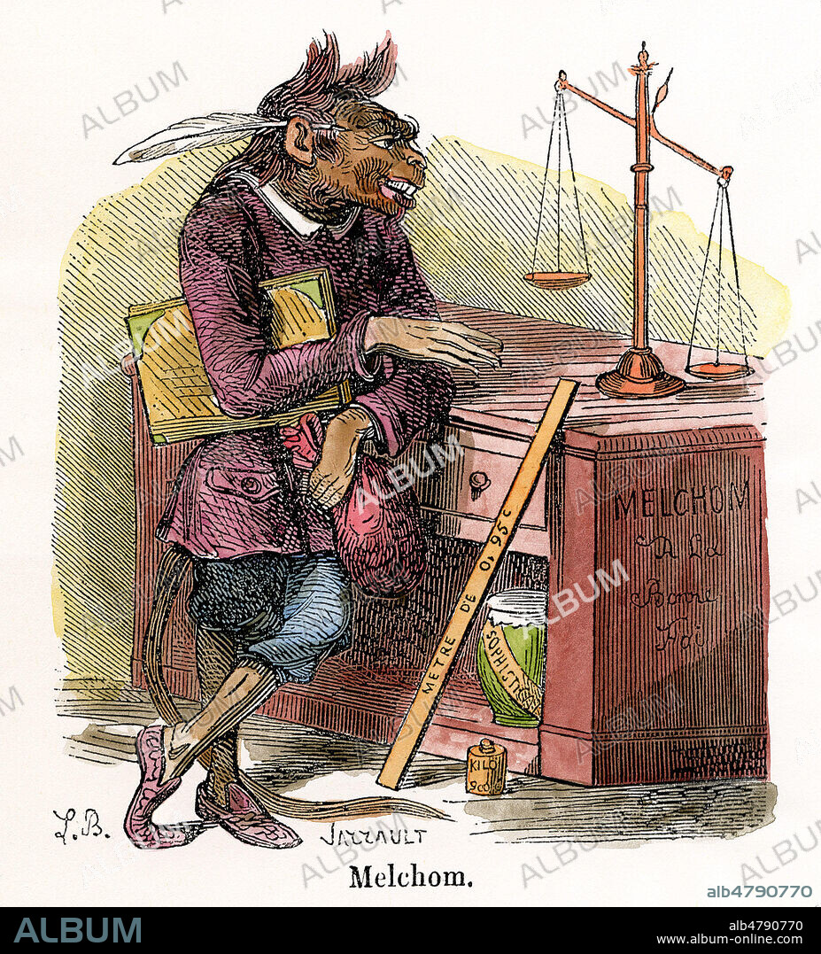 MELCHOM. Demon qui porte la bourse, il est aux enfers le payeur des employes publics. Illustration de 1863 par Louis BRETON pour le Dictionnaire Infernal par Jacques COLLIN de PLANCY (1793-1887). Mise en couleur par nos soins. Credit Collection Jonas/Kharbine Tapabor.