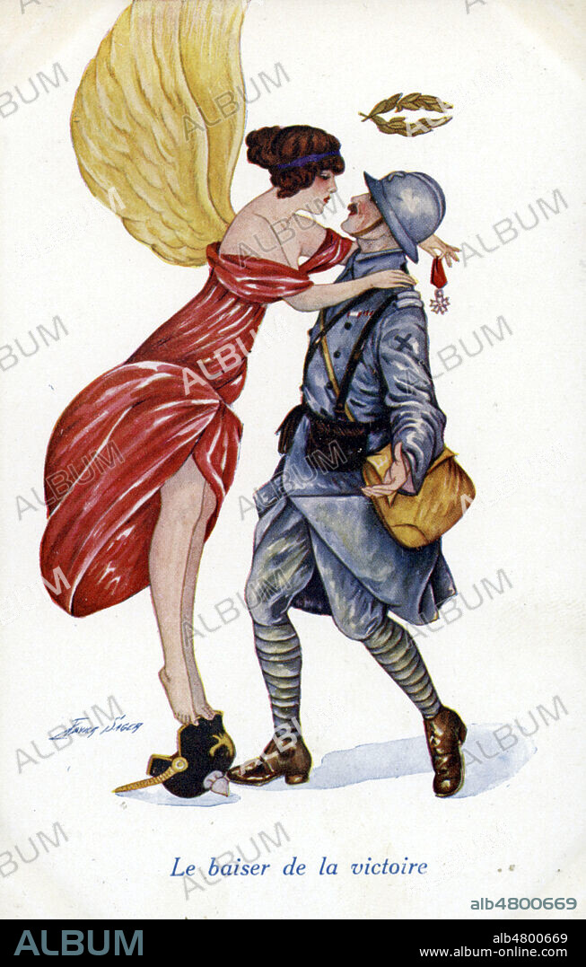 'Le baiser de la victoire' : un ange embrasse un soldat. Illustration par Xavier SAGER (1870-1930) pour une carte postale de la guerre 14-18, serie intitulee 'Les amants de la victoire'. Credit : Collection IM/KHARBINE-TAPABOR.