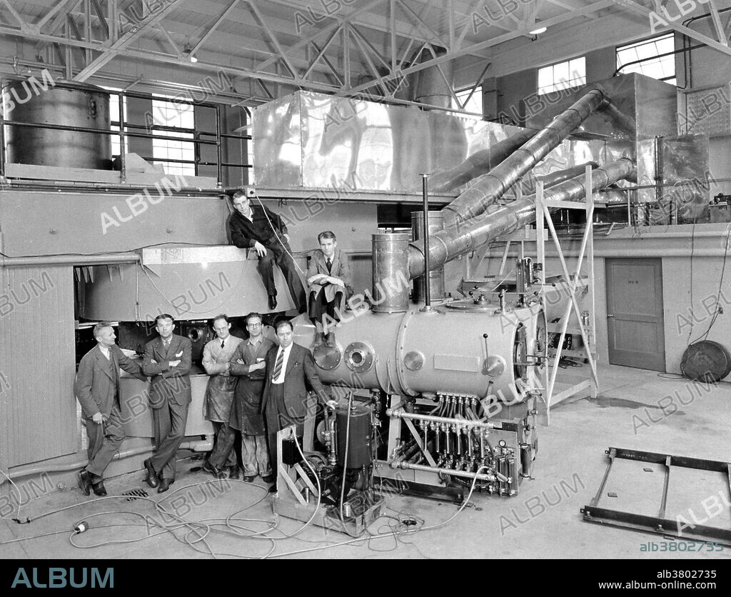 Posing with the newly completed 60 inch cyclotron in the Crocker Laboratory are (left to right) Donald Cooksey, Dale Raymond Corson, Ernest Orlando Lawrence, Robert Lyster Thornton, John Warner Backus and Winfield Salisbury and (on top) Luis Walter Alvarez and Edwin Mattison McMillan. Ernest Orlando Lawrence (August 8, 1901 - August 27, 1958) was an American physicist and Nobel Laureate, known for his invention, utilization, and improvement of the cyclotron atom-smasher beginning in 1929, based on his studies of the works of Rolf Wideroe, and his later work in uranium-isotope separation for the Manhattan Project. Lawrence had a long career at the University of California, Berkeley, where he became a Professor of Physics. In 1939, Lawrence was awarded the Nobel Prize in Physics for his work in inventing the cyclotron and developing its applications. After the war, Lawrence campaigned extensively for government sponsorship of large scientific programs. Lawrence was a forceful advocate of "Big Science" with its requirements for big machines and big money. He'd died in 1958 at the age of 57.