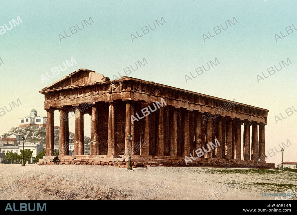 The Temple of Theseus (Theseum or Theseion) in Athens, Greece, also known as The Temple of Hephaestus or Hephaisteion. It is a well-preserved Greek temple and remains standing largely intact. It is a Doric peripteral temple, and is located at the north-west side of the Agora of Athens, on top of the Agoraios Kolonos hill. From the 7th century until 1834, it served as the Greek Orthodox church of Saint George Akamates. Photochrom, c. 1890-1910.