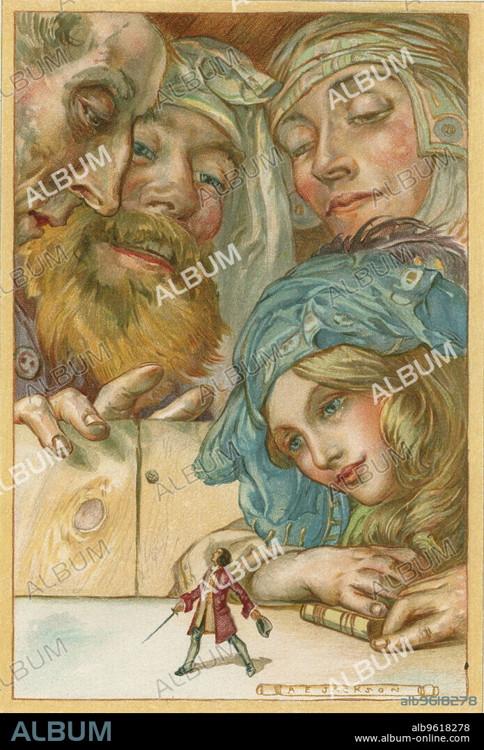 AE JACKSON. Scene from Gulliver's Travels by Jonathan Swift, 1911. Lemuel Gulliver in the land of giants walking about on the table at the Inn as Glumdalcitch, his little Brobdingnagian nurse commanded him to do. From Gullivers Travels by Jonathan Swift. (London 1911). First published London, 1726.