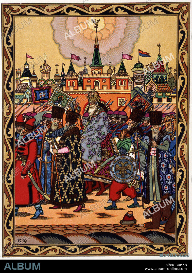 'le Tzar Dadoune leva une armee' Le COQ d'OR , Conte de Alexandre POUCHKINE, illustrations par Boris ZWORYKINE, ou ZVORYKINE (ne en 1872, mort en 1942 ou 45) , in le COq d'Or et autres contes, Ed d'art Piazza, 1925. Credit Collection privee KHARBINE TAPABOR.