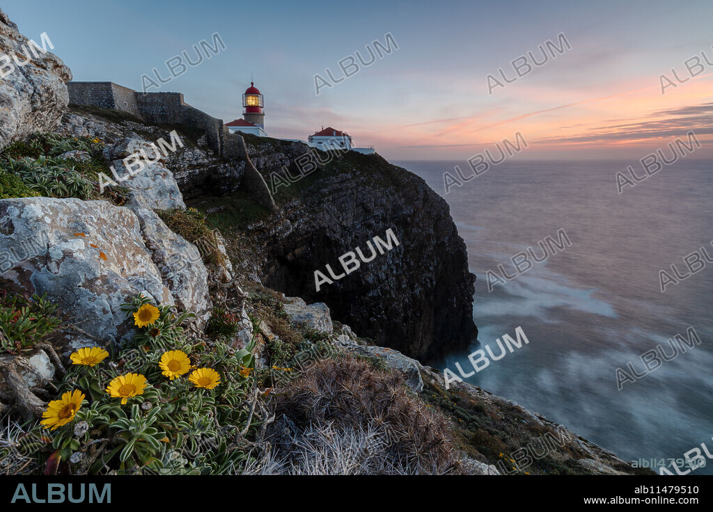 Pink sky at sunset and yellow flowers frame the lighthouse, Cabo De Sao Vicente, Sagres, Algarve, Portugal, Europe.
