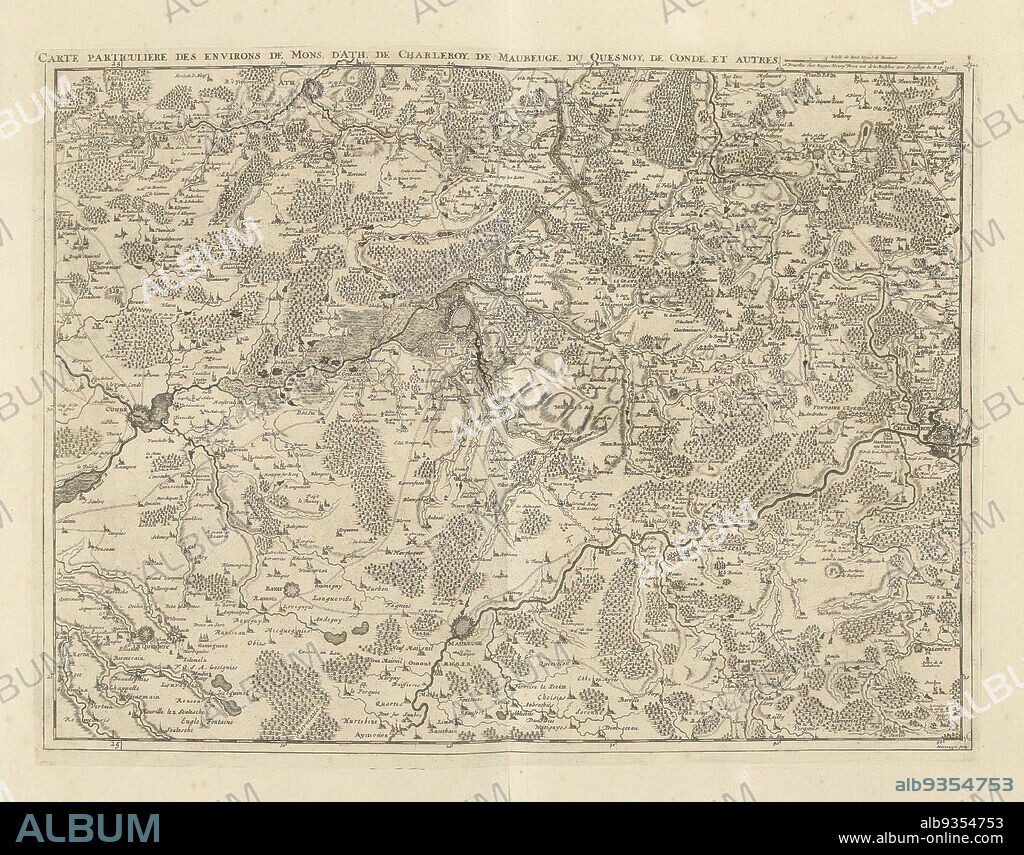 Map of Hainaut and Northern France, 1706, Carte particuliere des environs de Mons, d'Ath, de Charleroy, de Maubeuge, du Quesnoy, de Condé, et autres (title on object), Map of Hainaut and Northern France with the towns of Mons, Ath, Charleroi, Maubeuge, le Quesnoy and Condé, 1706. Part of a bundled collection of plans of battles and cities renowned in the War of the Spanish Succession. This plate is among the first 24 plates that make up a very large map of the Southern Netherlands., print maker: Jacobus Harrewijn (mentioned on object), publisher: Eugene Henry Fricx (mentioned on object), Brussels, 1706, paper, etching, engraving, height 428 mm × width 565 mm.