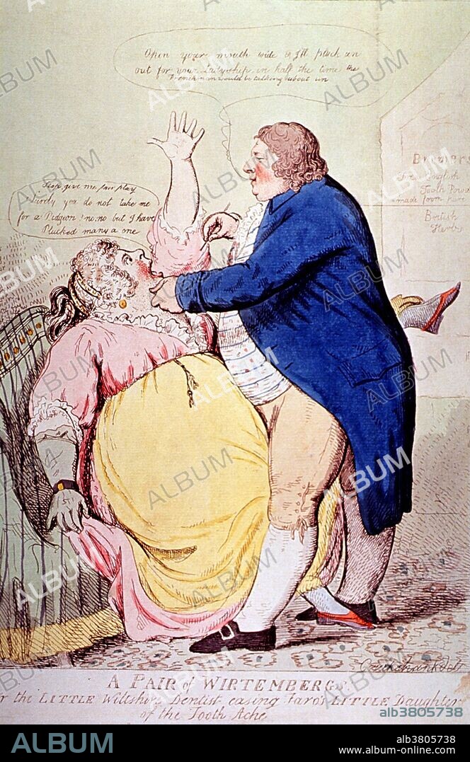 An 18th century caricature of a fat dentist with his struggling, overweight female patient. The patient is begging the dentist not to pluck her teeth out as he would the feathers of a pigeon. Large amounts of sugary food can cause obesity and tooth decay. Image drawn in 1797 by British artist Isaac Cruikshank (1756-1811). This caricature, called "A pair of Wirtembergs; or, the little Wiltshire dentist easing Faro's little daughter of the tooth-ache," is also a satire on gambling among English aristocracy. The stout woman is named Lady Buckinghamshire. Private gambling over cards (at "faro tables") by aristocratic women (who could not gamble in public) was seen as a social vice representing the general moral decay of upper-class women.