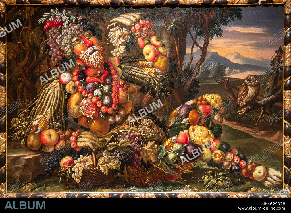 Brescia, Pinacoteca Tosio Martinengo: "Autumn", oil on canvas by Antonio Rasio inspired by the Metamorphoses by Ovid. The fanciful composition of seasonal fruits and flowers is as seen in paintings by Arcimboldo.