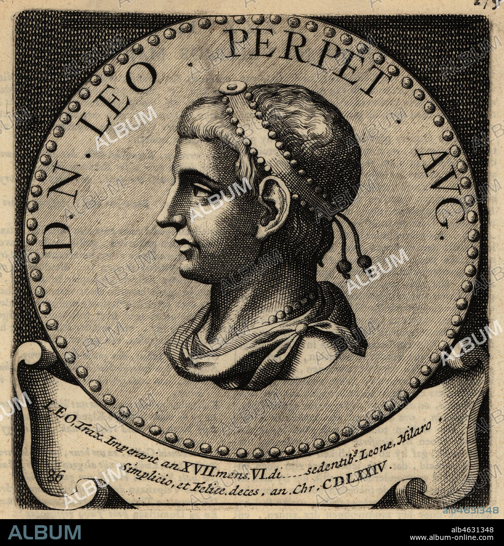 Roman Emperor Leo I, 401-474. Flavius Valerius Leo Augustus, Leo the Thracian, Eastern Roman Emperor, Byzantine Emperor. Copperplate engraving from Abraham Bogaerts De Roomsche Monarchy, The Roman Monarchy, Francois Salma, Utrecht, 1697.