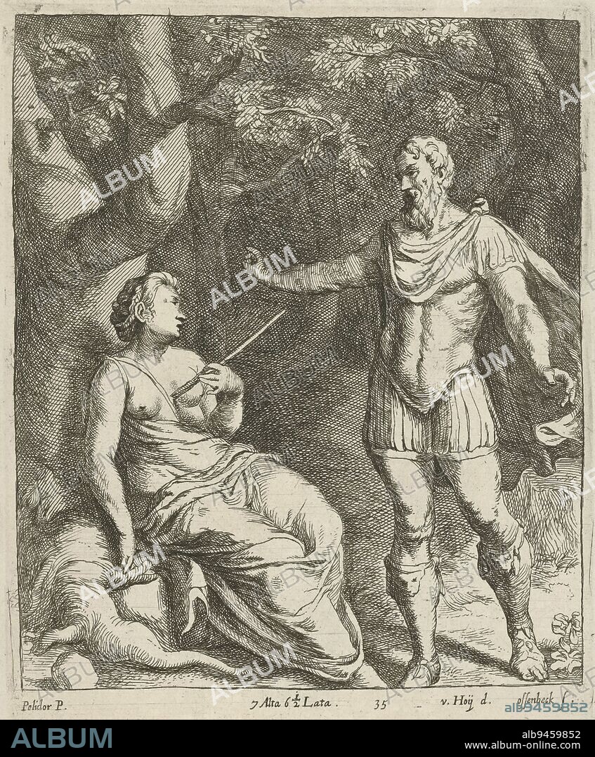 Accidentally hitting Cephalus Procris on the hunt with an arrow. Procris leans against a tree with an arrow in her chest. Procris, dressed as a Roman soldier, stands beside her., Cephalus and Procris, print maker: Jan van Ossenbeeck, (mentioned on object), after: Polidoro da Caravaggio, (mentioned on object), intermediary draughtsman: Nikolaas van Hoy, (mentioned on object), Brussels, in or after 1660, paper, etching, h 183 mm × w 150 mm.