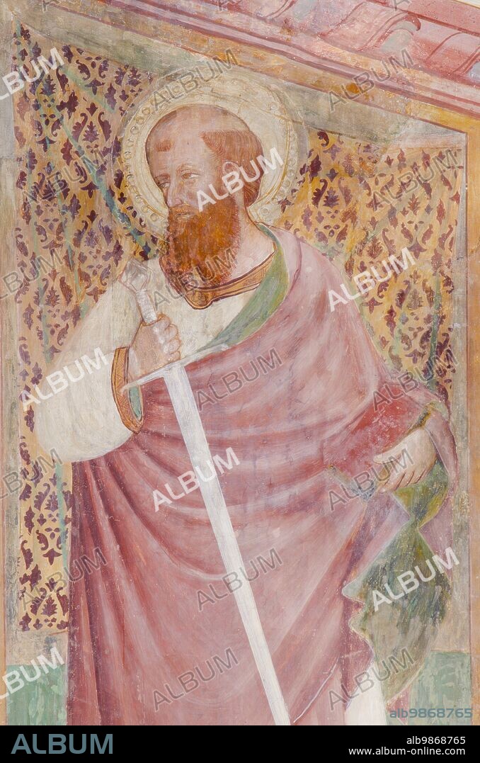 Falconara Marittima, Castelferretti locality (Italy, Marche - province of Ancona), church of Santa Maria della Misericordia. Back wall, St. Paul, frescoes mid-15th century (1450-55), Master of Castelferretti (Giambono di Corrado da Ragusa?).