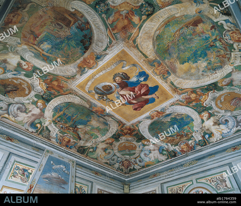 Decoration of Villa Visconti Borromeo Litta in Lainate, by Camillo Procaccini, workshop of Camillo Procaccini, 1587-1589 about, 16th Century, fresco,. Italy, Lombardy, Milan, Lainate, Villa Visconti Borromeo Litta, 16C palace. Detail. Interior Villa Litta decoration allegory of the fortitude yellow red blue grotesques ceiling.